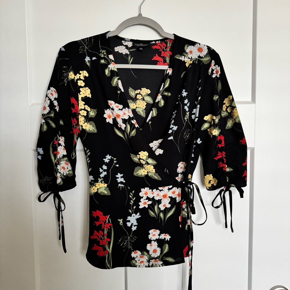Topshop Black V-Neck Floral Wrap Tie Ruched Elbow Length Sleeve Blouse Sz 6 Tall - Picture 2 of 16